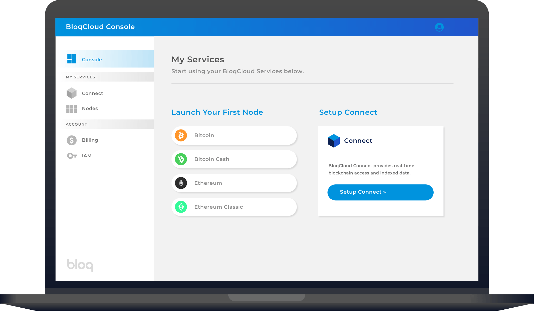 Laptop screen previewing bloq.cloud console